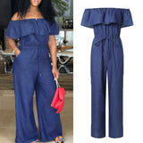 Hulianfu Fashion Casual Women Solid Off Shoulder Long Romper Jumpsuit Bodysuit Overall Wide Legs