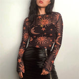 Hulianfu Sun Moon Printed Transparent Mesh Sexy T-Shirt Women O-Neck Long Sleeve Slim Basic Casual Female Tops Spring New