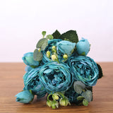 HULIANFU 2023 30cm Rose Pink Silk Bouquet Peony Artificial Flowers 5 Big Heads 4 Small Bud Bride Wedding Home Decoration Fake Flowers Faux
