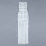 hulianfu High Quality White Sleeveless Tassel Hollow Out Bodycon Rayon Bandage Dress Evening Party Sexy Dress