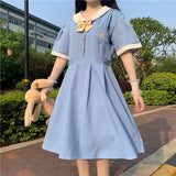 hulianfu Harajuku Sailor Collar Navy Dress Japanese Lolita Sweet Bow-knot Girl Retro Cotton Kawaii Preppy Style Short Sleeve Dress Women