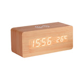 HULIANFU Modern Wooden Wood Digital LED Desk Alarm Clock Thermometer Wireless Charger With Qi Wireless Charging Pad Alarm Clock LED