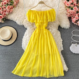 hulianfu Yellow/Purple/White Chiffon Dress Women Sexy Slash Neck Ruffle Robe Elegant Ruffle High Waist Vestidos Female Beach Vacation New