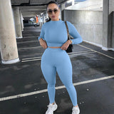 hulianfu Two Piece Sets Women Solid Autumn Tracksuits High Waist Stretchy Sportswear Hot Crop Tops And Leggings Matching Outfits