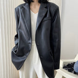 Hulianfu Autumn and winter women's casual solid color single-breasted pocket decoration loose PU jacket