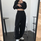 Hulianfu Spring and Autumn Women's Casual Solid Color High Waist Loose Wide Leg Pants