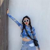 Hulianfu Angel Print Sheer Blue Black Mesh Long Sleeve Blouse Shirts Women Spring Summer Pullovers Elegant Sexy See Through Tops