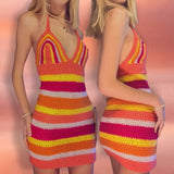 Hulianfu Sexy Women Knitted Bodycon Dresses Y2K Elegant Lady Chic Women Sleeveless Sleeveless Halter Bandage Dress Beach Vacation Clothes