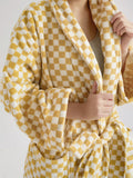 HULIANFU Luxurious Towels Plaid Retro Checkerboard Cotton Bathrobe Women Robe Soft Sleepwear Kimono Warm Bath Robes Coat Towel Homewear
