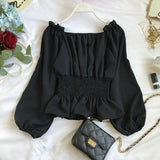 Hulianfu Youth Elegant Blouse Women Chiffon Fashion Blouse Off Shoulder White Shirt Ruffle Puff Sleeve Top Office wear