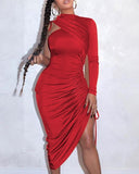 Sexy One Shoulder Drawstring Ruched Bodycon Dress Women Solid Long Sleeve Mid-calf Night Club Party Dress