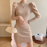 Hulianfu Women Knitting Full Puff Sleeve Base Sweaters Dresses Girls Slim Turtleneck Mini Sheath Knitwear Dress Real Photos
