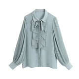hulianfu Snican pleated sleeve cascading ruffle bow tie office ladies blouse chic fashion female tops women camisas femininas Chiffon New