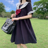hulianfu Harajuku Sailor Collar Navy Dress Japanese Lolita Sweet Bow-knot Girl Retro Cotton Kawaii Preppy Style Short Sleeve Dress Women