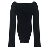 Hulianfu Spring Women's Sweater Square Neck Long Sleeve Knitted Sweater Pullover Jumper Fashion Elegant Knit Top White Black