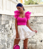 hulianfu summer chiffon blouse women transparent organza pink puff ruffle sleeve back bow blouse sexy slim short tops female camisole New