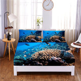 HULIANFU Seafloor Animals Digital Printed 3pc Polyester  Fitted Sheet Mattress Cover Four Corners with Elastic Band Bed Sheet Pillowcases