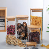 HULIANFU Square Sealed Glass Bottles New Tea Coffee Beans Transparent Glass Storage Boxes Candy and Snack Tins with Bamboo Lid