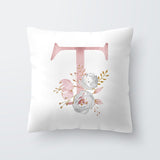 HULIANFU Pink Letter Decorative Floral Pillow Gold Alphabet Cushion for Sofa Polyester Pillowcase Decoration Salon