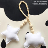 HULIANFU Nordic Boho Room Decor Double Star Moon Wooden Beads Cotton Hanging Wall Decoration Kawaii Kids Baby Bedroom Living Room Decor