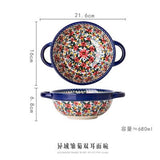 HULIANFU Krusoal Retro Ceramic Handle Salad Bowl Household Oven Breakfast Bake Pan Microwave Bohemia Binaural Soup In-glaze Tableware