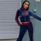 Hulianfu Letter Print Velvet Tracksuit Women 2 Piece Sets Fashion Outfits Female Zipper Sport Activitywear Suits Leisure Streetwear Moda