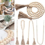 HULIANFU Natural Wood Bead Garland With Jute Rustic Wall Hanging Tassels String Handmade Garland Farmhouse Ornament DIY Home Decoration