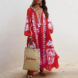 hulianfu Spring Elegant Floral Print Tassel Long Party Dress Vintage Long Lantern Sleeve Ladies Dresses Women V Neck Casual Loose Dress