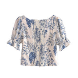 Hulianfu French Vintage Square Collar Puff Sleeve Folds Lace-Up Shirt Zipper Female Floral Print Summer New Fashion Crop Tops Women