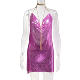 hulianfu Handmade Backless Sequin Metal Mesh Dress Women Chain Halter Rhinestone Chain Slit Night Club Birthday Party Dress Mini