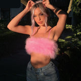 Hulianfu fake fur patchwork sleeveless tube sexy crop tops autumn winter women pink streetwear pur outfits camis