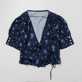 hulianfu Women Shirt Spring and Summer New Ladies Floral Print V-neck Short-sleeved Shirt