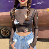 Hulianfu Angel Print Sheer Blue Black Mesh Long Sleeve Blouse Shirts Women Spring Summer Pullovers Elegant Sexy See Through Tops