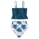 Smocked Blue Leaves Print Bikini Sets Women Ruffle High-waist Tankini Two Pieces Swimsuits Girl Boho Bathing Suits