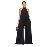 hulianfu Women  Sleeveless High Neck Fashion Sexy Solid Color Casual Chiffon Loose Temperament One-Piece Pants Jumpsuit