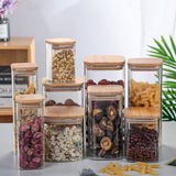 HULIANFU Square Sealed Glass Bottles New Tea Coffee Beans Transparent Glass Storage Boxes Candy and Snack Tins with Bamboo Lid
