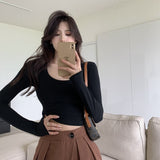 Hulianfu Soft Elastic Tees Women U-neck Cropped T-shirts Girls Full Sleeve Sheath Tshirt Basic Crop Tops Girls Base Undershirts