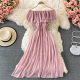 hulianfu Yellow/Purple/White Chiffon Dress Women Sexy Slash Neck Ruffle Robe Elegant Ruffle High Waist Vestidos Female Beach Vacation New