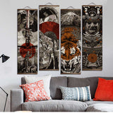 HULIANFU Japanese Samurai Ukiyoe Tiger Canvas Poster Pictures for Living Room Home Decor Painting Wall Art with Solid Wood Hanging Scroll