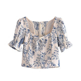 Hulianfu French Vintage Square Collar Puff Sleeve Folds Lace-Up Shirt Zipper Female Floral Print Summer New Fashion Crop Tops Women
