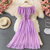 hulianfu Yellow/Purple/White Chiffon Dress Women Sexy Slash Neck Ruffle Robe Elegant Ruffle High Waist Vestidos Female Beach Vacation New