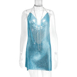 hulianfu Handmade Backless Sequin Metal Mesh Dress Women Chain Halter Rhinestone Chain Slit Night Club Birthday Party Dress Mini
