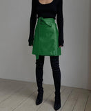 Hulianfu Faux Leather Crocodile Pattern A-Line Skirt Women Fashion Elegant Solid Green High Waist Split Mini Skirts Autumn