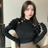 Hulianfu Full Sleeve Turtleneck Buttons Sweater Jumpers Girls Stretchy Chic Ruffles Autumn Spring Sweaters Pullovers Tops Women