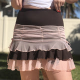 Hulianfu Y2K Aesthetic Pleated Skirts Women Low Waist Ruffles Mini Skirt Patchwork Pink Mesh Cute Kawaii Brown Bodycon Vintage Clothes