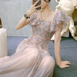 Hulianfu Vintage Chiffon Midi Dress Women Floral Print Design Korean Party Split Dress Female Summer Evening Beach Boho Dress 2021 Casual