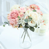 HULIANFU 2023 Beautiful Hydrangea Roses Artificial Flowers for Home Wedding Decorations High Quality Autumn Bouquet Mousse Peony Fake Flower
