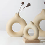 HULIANFU Nordic Vase Circular Hollow Ceramic Donuts Flower Pot Home Living Room Decoration Accessories Interior Office Desktop Decor Gift