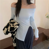 Hulianfu New Women's Slim Off-shoulder Full Sleeve T-shirts Girls Solid Stretchy Irregular Split Tshirt Tops Slash Neck Tees