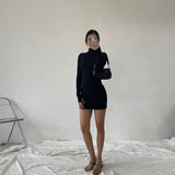 Hulianfu Autumn Fashion Sexy Solid Turtleneck Skinny Mini Dress Women Rib Knit Keep Warm Long Sleeve Slim Dress Streetwear